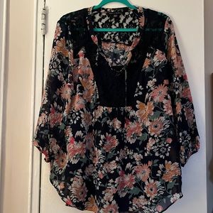 Blue floral and lace peasant top